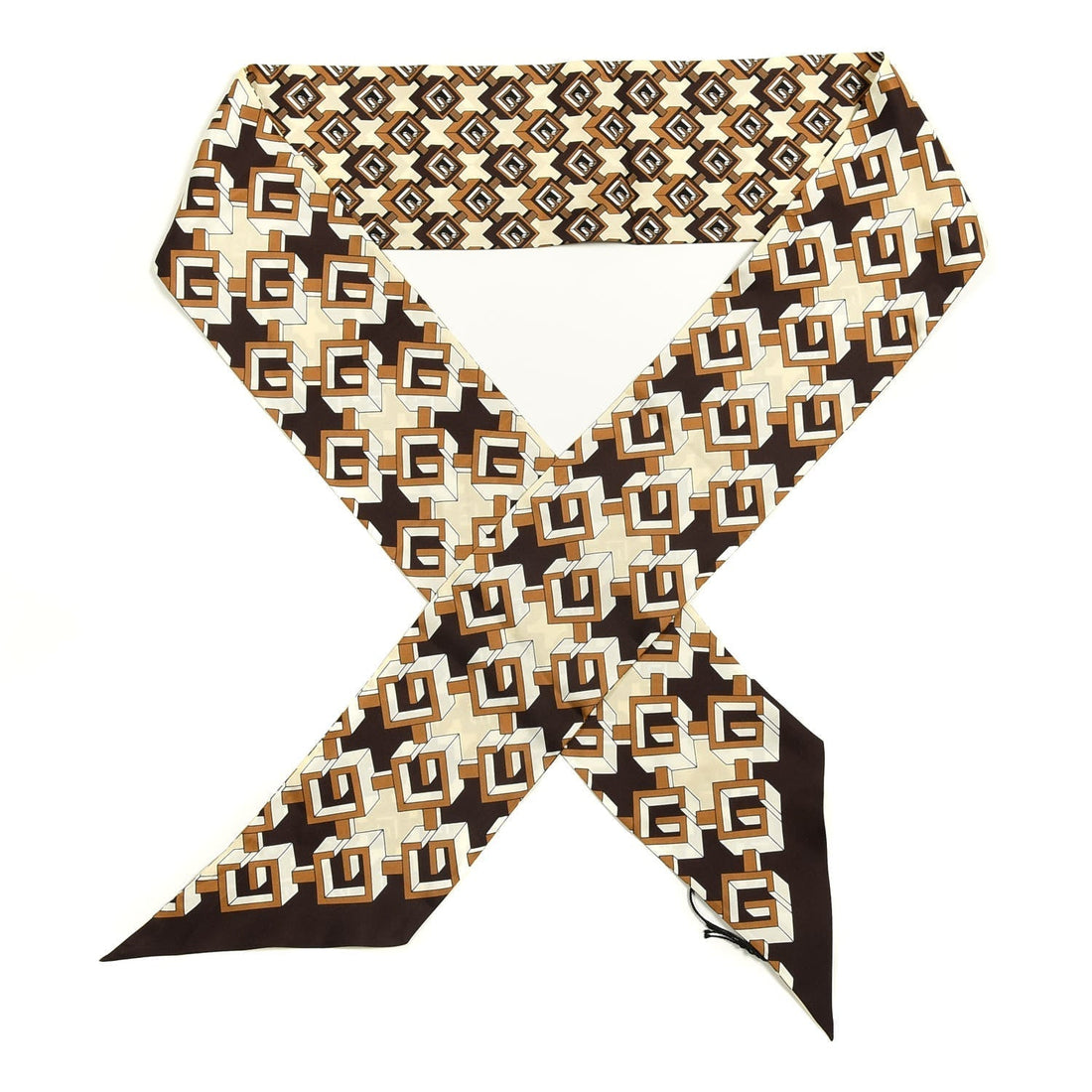 GCI Silk Geometric G Print Neck Bow Scarf in Brown
