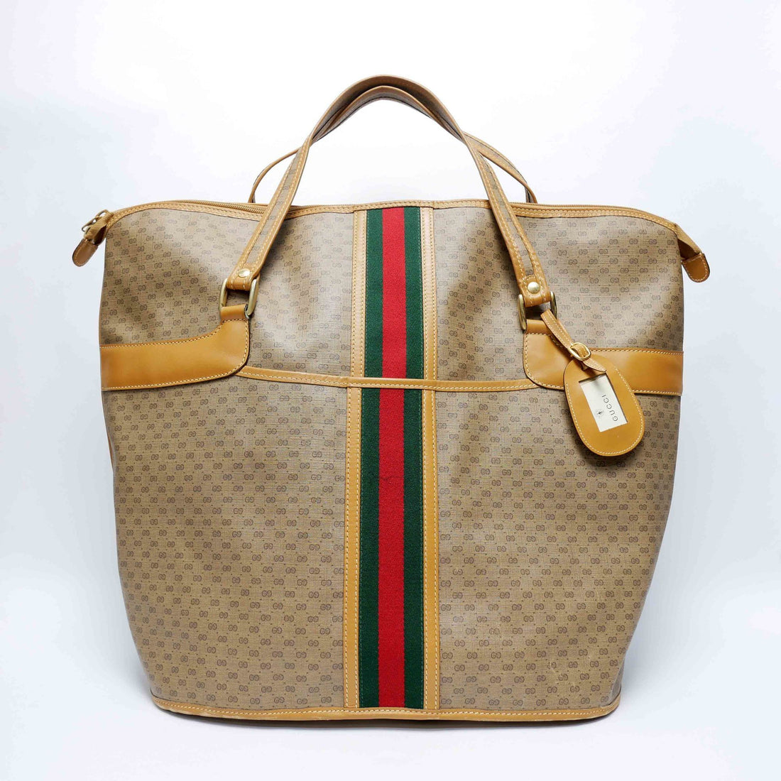 GCI Old GCI Vintage Large Tote Bag Boston Travel Unisex 1980s 80s Sherry Line Micro GG Pattern Capacity Leather Gold Hardware Beige Camel