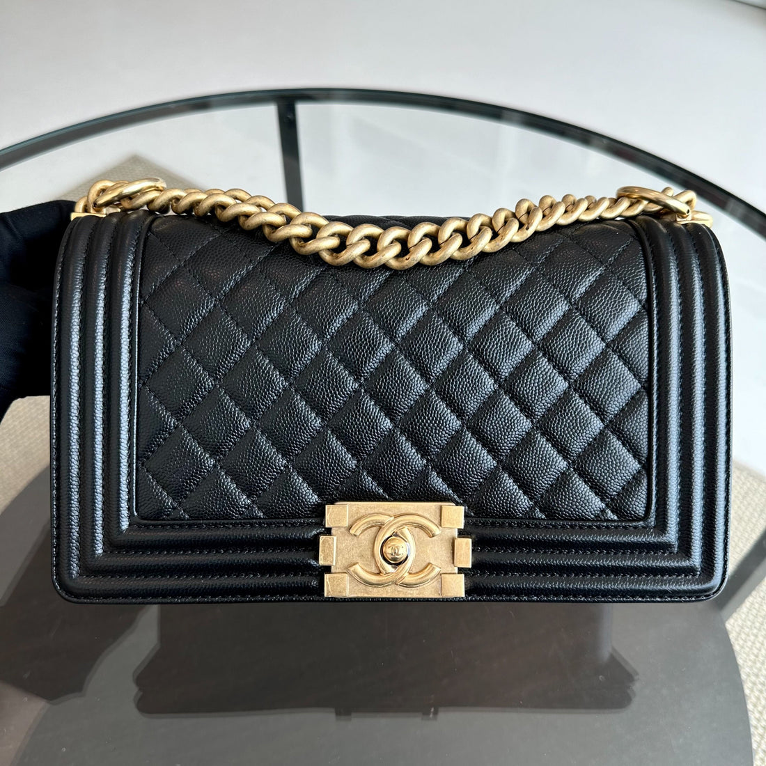 *Brand New, Full Set, Receipt* Caviar Old Medium 25CM Quilted Calfskin Leboy Black GHW No 28