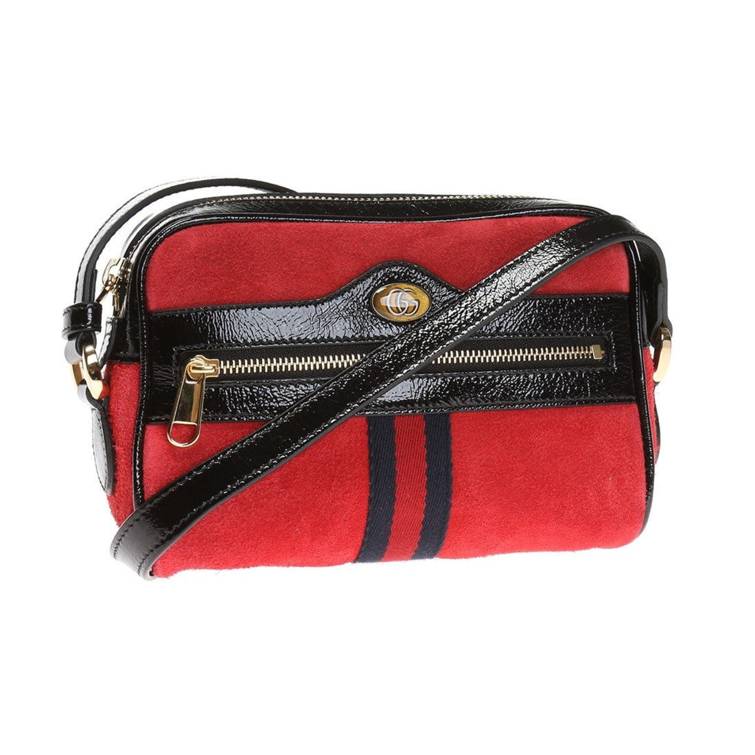 GCI Ophidia Red Suede Patent Web Mini Shoulder Bag