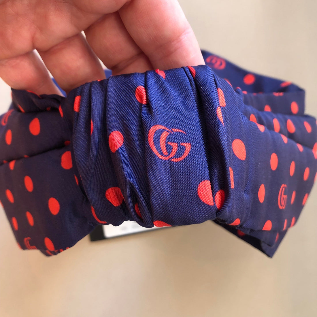GCI Navy Headband with Red Polka Dots and Interlocking GG